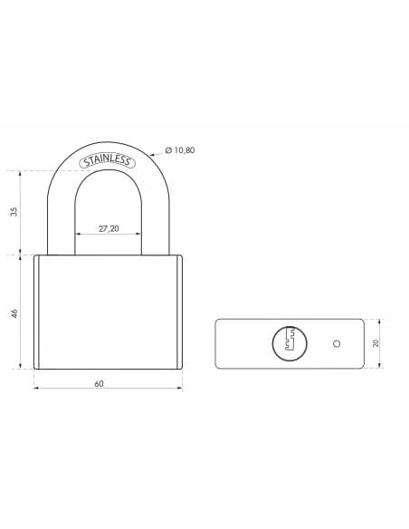 Lucchetto a chiave Rinox, 60 mm, acciaio inossidabile, esterno, arco in acciaio INOX, 4 chiavi - THIRARD