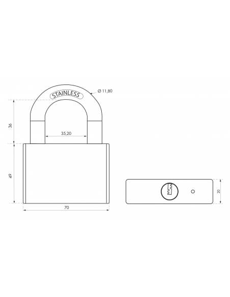 Lucchetto a chiave Rinox, 70 mm, acciaio inossidabile, esterno, arco in acciaio INOX, 4 chiavi - THIRARD