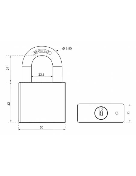 Lucchetto a chiave Rinox, 50 mm, acciaio inossidabile, esterno, arco in acciaio INOX, 4 chiavi - THIRARD