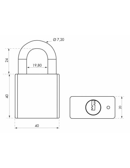 Lucchetto a chiave Rinox, 40 mm, acciaio inossidabile, esterno, arco in acciaio INOX, 4 chiavi - THIRARD