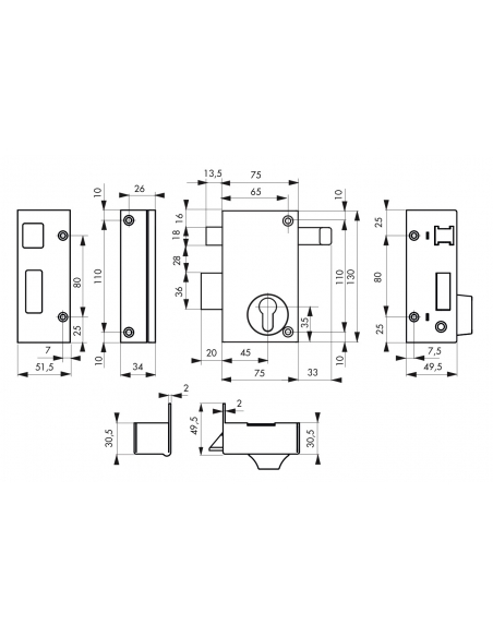 Serratura verticale da applicare doppio cilindro a tirante per porta esterna, asse 45mm, sinistra, 75x130mm, nero - THIRARD